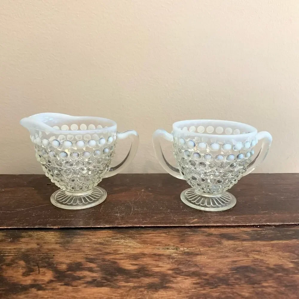 Anchor Hocking‎ 1950s Opalescent Hobnail Moonstone Creamer & Sugar